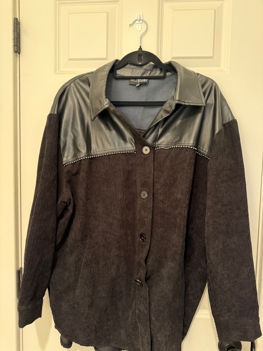 Kittenish Black Faux Leather-Trim Corduroy Jacket